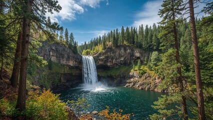 Wall Mural - the majestic cascade descends from the mountain, showcasing nature's incredible beauty.