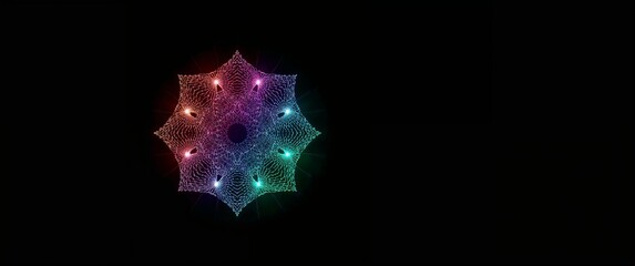 Wall Mural - Electric bloom made of mesh gradients in ruby sapphire and emerald with neon pulses shining on plain black background
