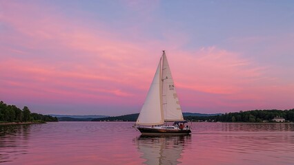 Wall Mural - sailing vessel floating on calm waters as the sky shifts from warm pink to serene blue at dusk.