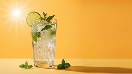 Wall Mural - icy mojito summer cocktail garnished with lime and mint in a glass covered with condensation. warm s