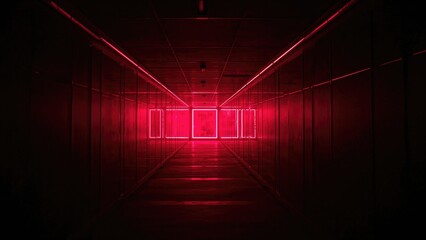 Wall Mural - Long dark hallway glowing with neon lighting and enveloped in smoke, displaying red neon abstract art and symmetrical mirroring on a concrete floor.