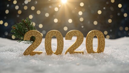 Wall Mural - 2020 figures displayed on snow alongside pine branch decorations. Holiday-themed artistic setup with room for writing.