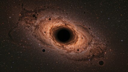 Wall Mural - cosmic scene featuring glowing orange and blue stars with swirling clouds and a black hole at the ce