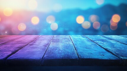 Wall Mural - colorful wooden surface with blurred city lights at dusk