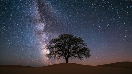 Wall Mural - magnificent milky way and tree shadow on a star-filled night with space dust above the sands
