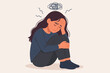© marie - Mental health depression anxiety stressed sad woman sitting alone. Young girl having panic attack emotional breakdown. Psychology distress loneliness concept vector