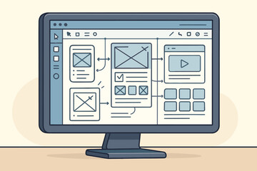 Web application prototyping interface design. Computer screen mockup wireframe UX UI development process. Digital software prototype sketch layout planning vector