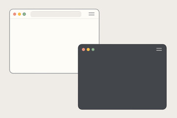 Browser window mockup in light and dark mode. Blank web browser template for website design. Vector illustration of user interface. UI, UX concept empty page frame.