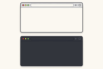 Browser window mockup vector template. Blank unbranded web browser in light and dark mode. Website page interface for desktop computer. Flat cartoon vector illustration.
