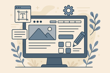 UX UI design development desktop computer web interface creative workspace vector illustration. Website design elements digital technology flat style