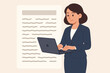 © marie - Businesswoman writing a text document on a laptop computer in front of a white paper with abstract text. Vector cartoon illustration of office worker editing digital content.