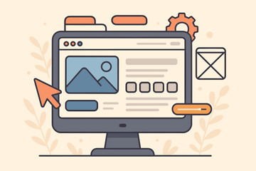UI UX design and web development vector concept. Desktop computer with website interface layout. Front-end programming and user experience prototype creating illustration.
