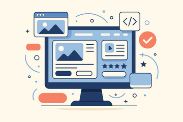 UI UX design and web development concept. Computer screen showing website interface creation. Vector illustration for front-end programming, application building, and digital graphic design.