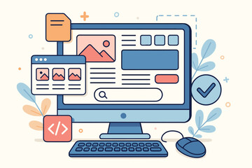 UI UX design and web development vector concept. Desktop computer with website wireframe, user interface elements, and app layout. Frontend coding and programming process.