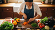 © Fachri - Young woman chopping fresh organic vegetables in a modern kitchen, preparing healthy food with natural ingredients.