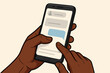 © Jamine - African American hand holding smartphone texting. Dark skin hand using mobile phone touchscreen. Online chat, social media concept. Flat cartoon vector illustration.