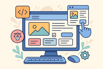 UX and UI development illustration, desktop computer interface prototype dashboard, responsive web design layout with code symbol, graphic pen, gear, workflow, flat cartoon vector
