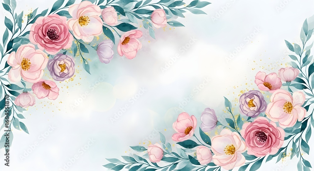 Watercolor floral frame with pink flowers and green leaves decoration ...