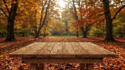 Wall Mural - Attractive wooden table featured in an autumn setting