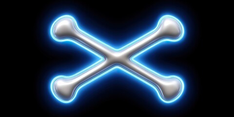 Wall Mural - crossbones symbol, a metallic shiny structure with a glowing blue outline, against a black backgroun