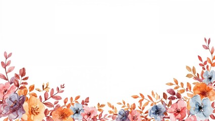 Wall Mural - A corner illustration in watercolor showcasing flora and autumn leaves, bordered by anime-style flowers on a white canvas