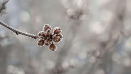 Wall Mural - A delicate maple twig adorned with frosty winged seeds, showcased with a beautiful bokeh scenery.