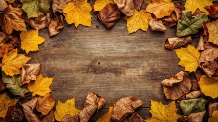 Wall Mural - Lovely fall-themed background showcasing fallen leaves with room for writing, aerial view, pattern, flower, composition, food, fashion, frame, nature, table, concept