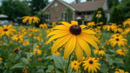 Wall Mural - Vibrant yellow double-blooming Rudbeckia laciniata in a garden setting with a blurred house in the distance