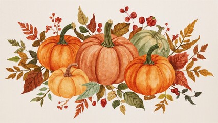 Wall Mural - Watercolor autumn design featuring pumpkins and foliage in anime style, high-resolution image