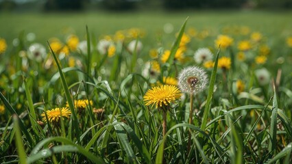 Wall Mural - Macro view of bright green grass interspersed with ripe dandelions in a natural grassy field on a warm summer morning with a softly blurred scenery.