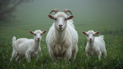 Wall Mural - Two young goats accompany their mother in a grassland environment, posing for a portrait that captures their attentive look toward the observer.