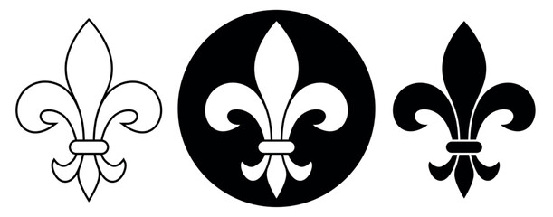 Wall Mural - Fleur-de-lis, black and white vector silhouette set illustration of Lily flower heraldic charge shape symbol Fleur de lys, isolated on white