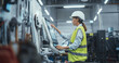 © Gorodenkoff - Female Machinery Technician Using Laptop Computer and Programming a CNC Machine at an Advanced Metal Production Facility. Young Woman in Work Gear Setting Up Manufacturing Process in a Factory