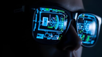 Glowing digital displays hacker with glasses