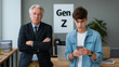 © Realistic AI Studio - An older manager, arms crossed, stands next to a young man engrossed in his phone, with a 'Gen Z' sign visible, highlighting a generational gap in an office setting.