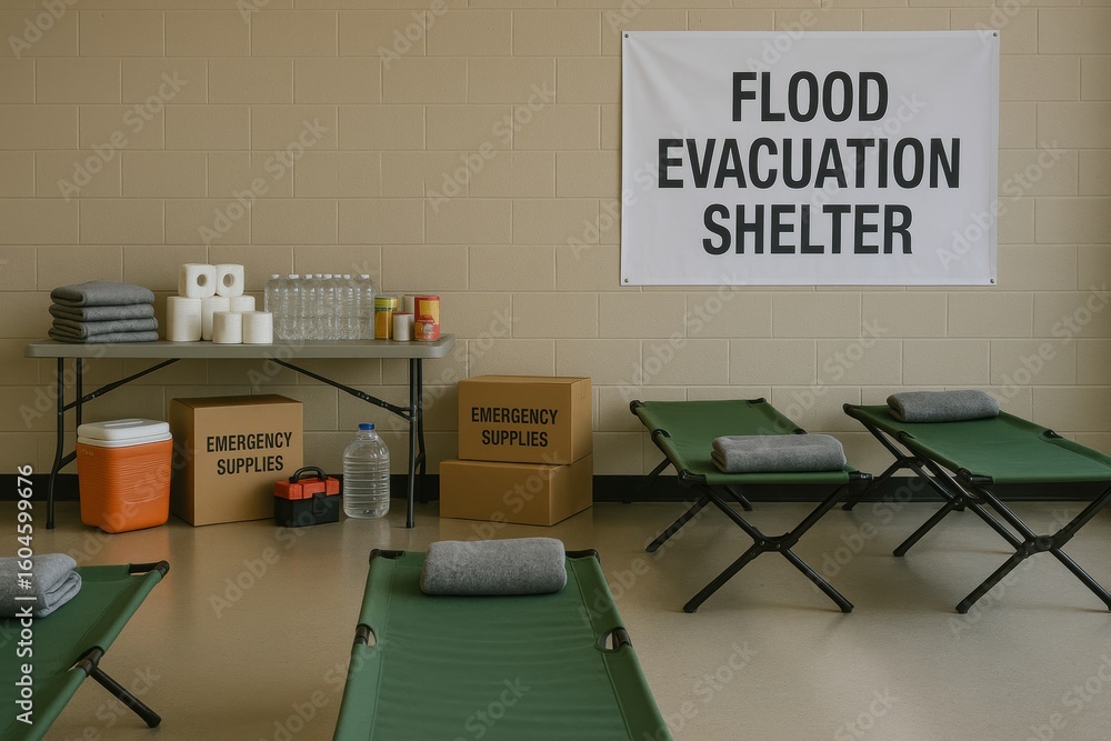 Flood warning evacuation. Emergency shelter setup with cots and ...