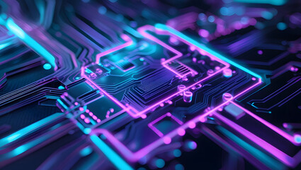 Wall Mural - Close-up view of a glowing circuit board with intricate electronic pathways and connections.