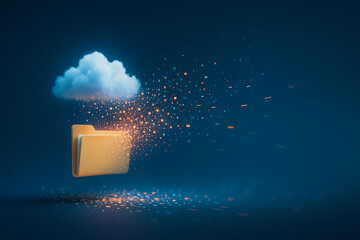 Wall Mural - cloud data transfer: a surreal depiction of a data file folder, disintegrating into the cloud, again