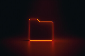 Wall Mural - neon folder icon: a minimalist, glowing orange neon folder icon illuminates a dark, reflective surfa