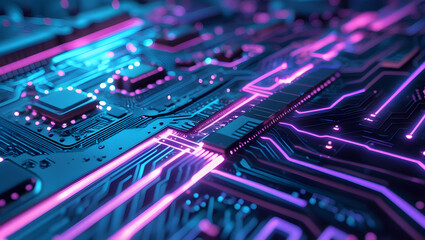 Wall Mural - Close-up view of a vibrant, illuminated circuit board showcasing intricate electronic pathways and components.