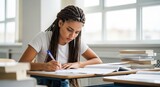 A young woman with braided hair sitting at a desk with books and papers in a classroom setting.