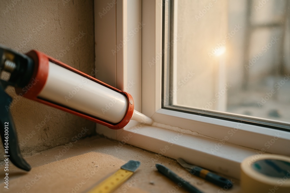 Close up Of Caulking Gun Applying Sealant Around A Window Frame To close-up-of-caulking-gun-applying-sealant-around-a-window-frame-to