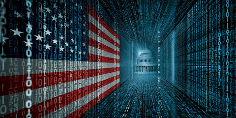 Digital representation of United States flag blends with binary code, symbolizing cyber warfare and national security. U.S. Capitol building is visible, highlighting critical infrastructure