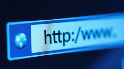 Close up view of web browser address bar displaying URL, emphasizing digital connectivity and technology