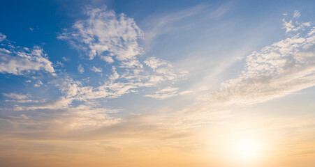 Wall Mural - morning sunrise sky background, sunset sky cloud with blue, orange, yellow sunlight warm, horizon la