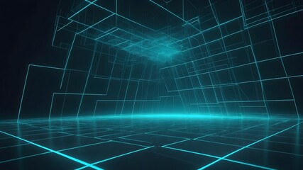 Futuristic cyberspace corridor with a glowing turquoise geometric grid. Minimalist abstract technology background.