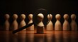© Blind  - A magnifying glass focuses on a dark-skinned wooden figure among lighter-skinned ones, symbolizing the importance of diversity and inclusion in selection processes. Generated AI
