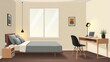 © Percetakan - A bedroom interior scene with a bedside table, bed, and a corner desk.
