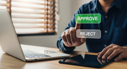 Approve Reject Choices with Asian Man Hovering Hand over Digital Buttons