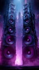 Wall Mural - giant speakers on a city street, blue and purple colors, cyberpunk style, urban and loud music conce